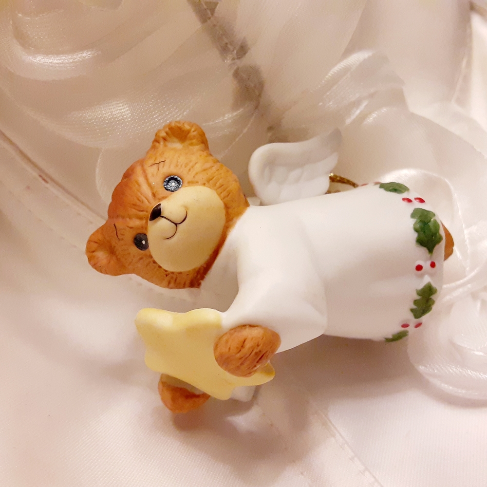 Angel Bear Holding Star Vintage Christmas Ornament with Holly Accents